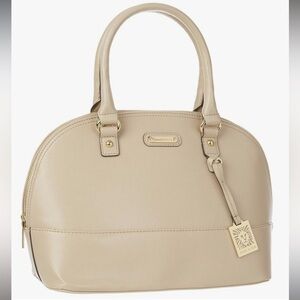 Anne Klein Geo Clash Satchel Beige Dome Gold Handbag purse crossbody convertible